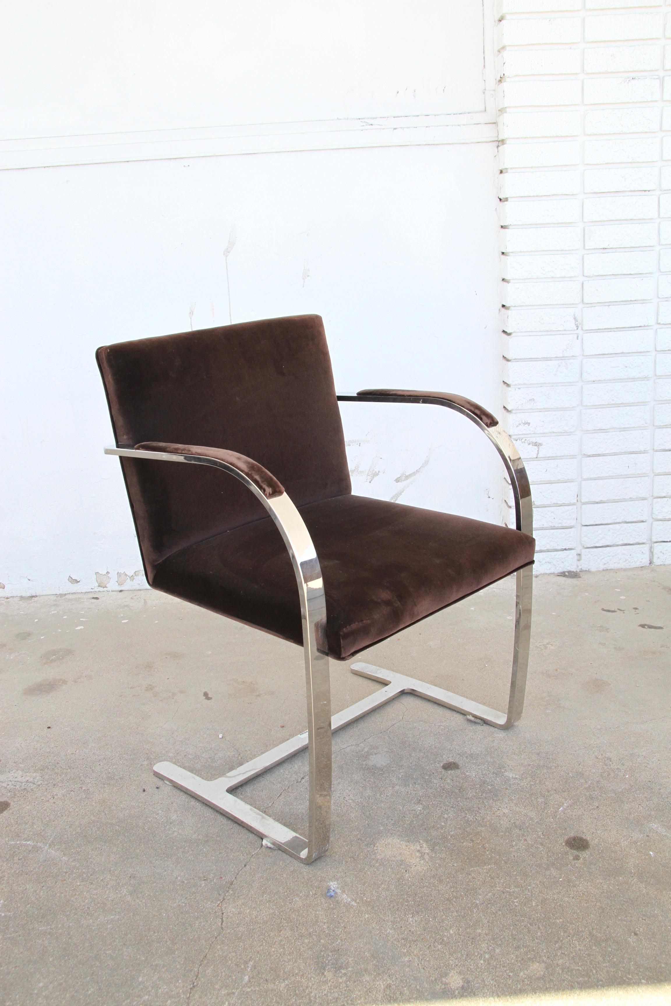 Pair Mies Van de Rhoe BRNO Arm Chairs

The Brno Flat Bar Chair (1930) offers the comfort of an armchair without the stuffiness or bulk. Stainless steel cantilevered frame.

Age appropriate wear see photos.
Seat Height: 18 in.
