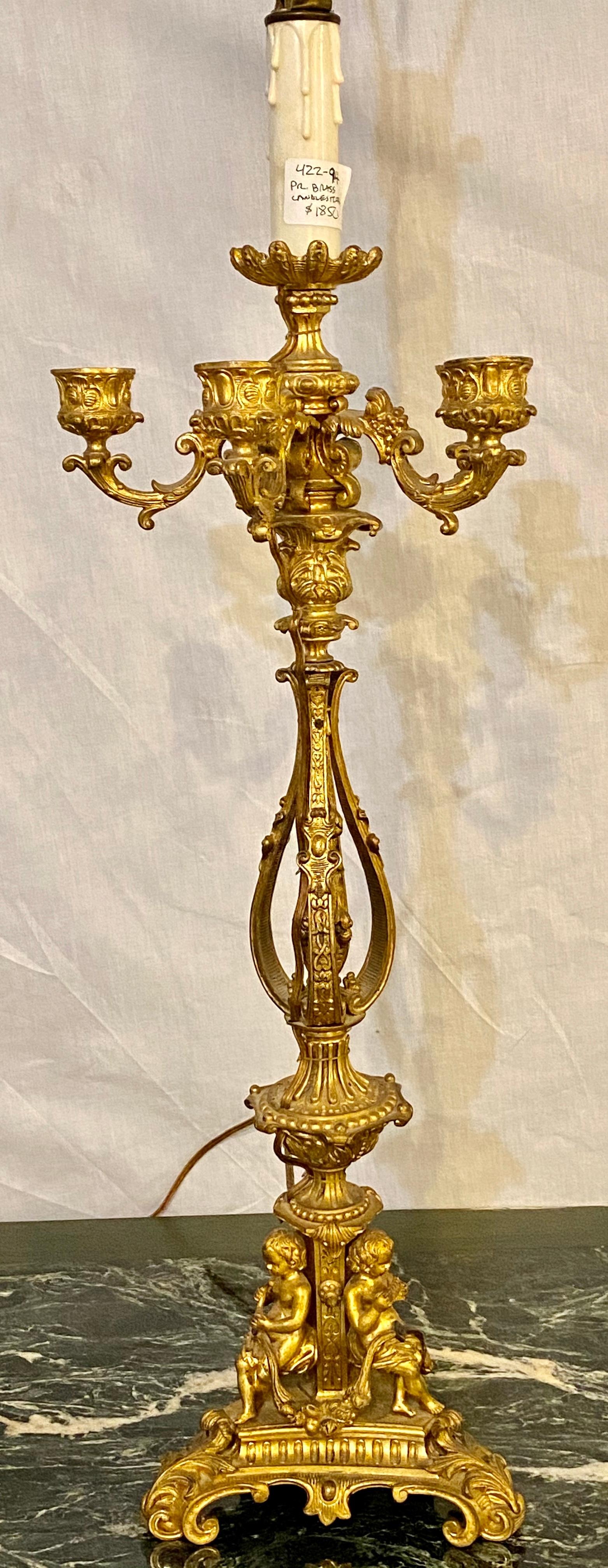 Louis XVI Pair of Bronze 1920s Electrified Candelabra Lamps, Full Figure Fluted Cherubs