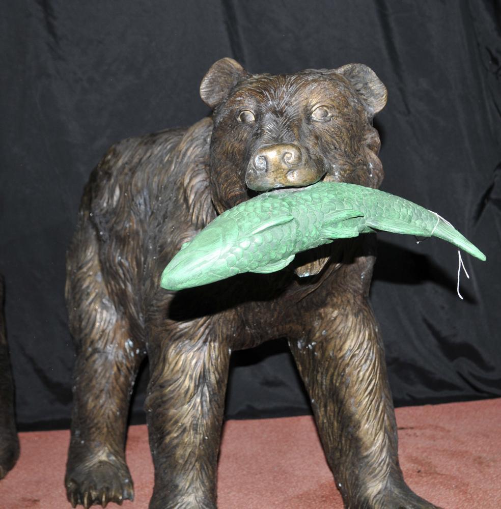 Pair Bronze American Grizzly Bear Fountains Statues Salmon 6