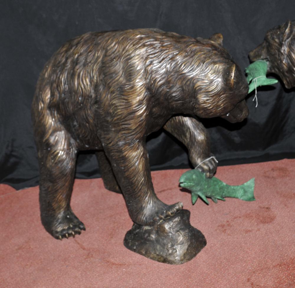 Pair Bronze American Grizzly Bear Fountains Statues Salmon For Sale 7