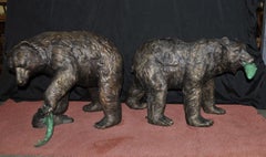 Pair Bronze American Grizzly Bear Fountains Statues Salmon
