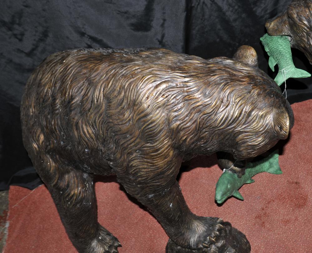 Pair Bronze American Grizzly Bear Fountains Statues Salmon For Sale 3
