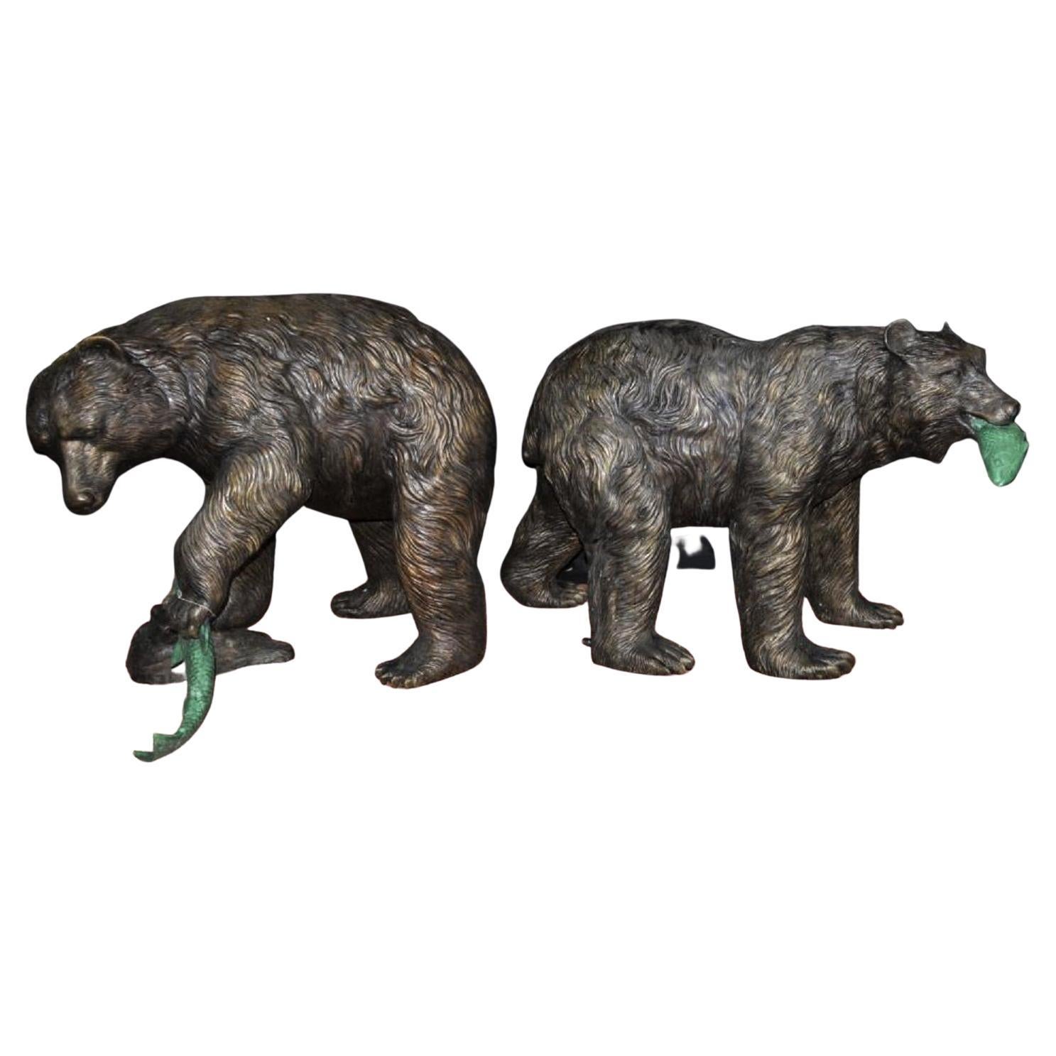 Pair Bronze American Grizzly Bear Fountains Statues Salmon For Sale