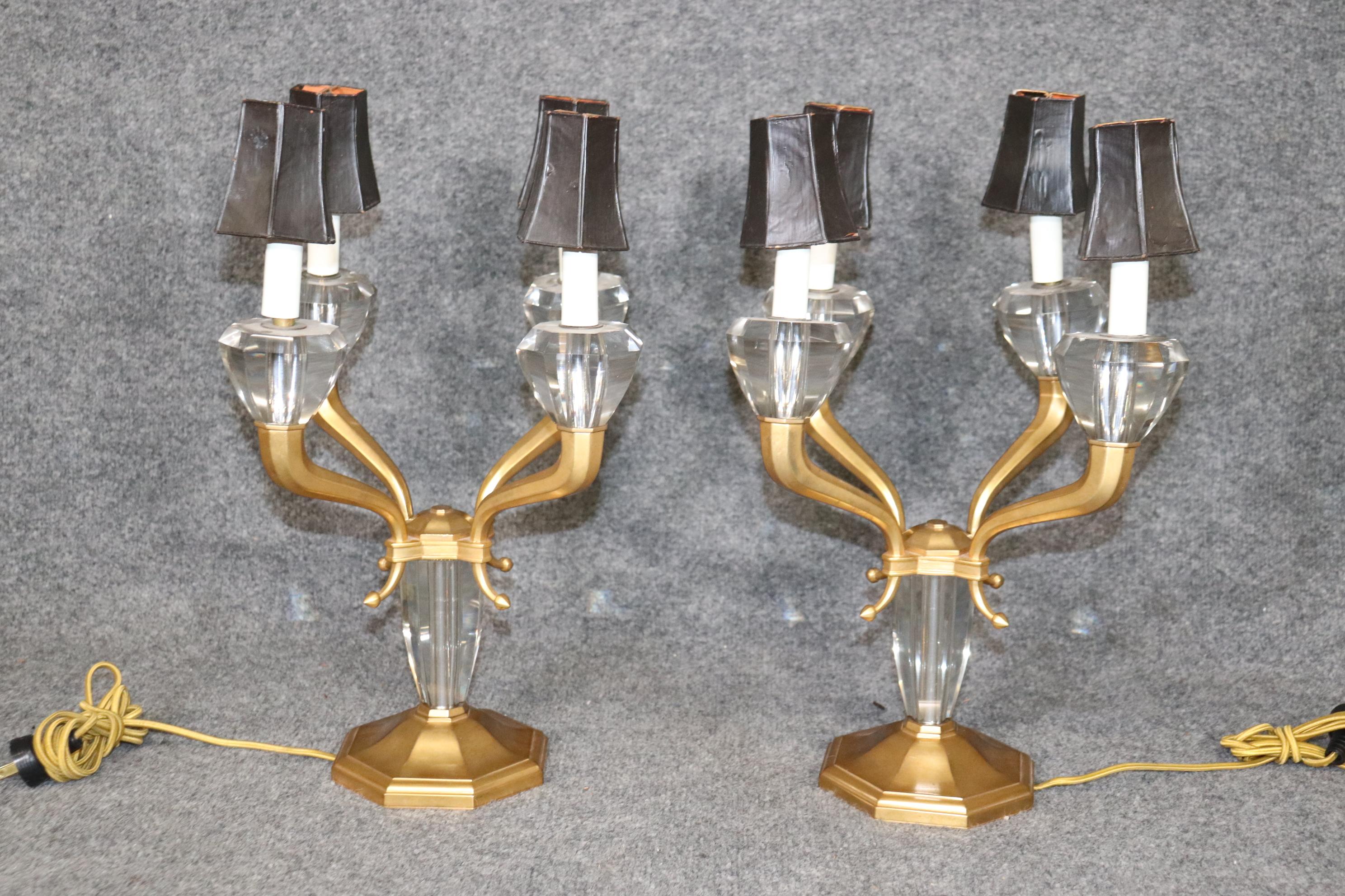 Pair Bronze and Crystal Signed Morand Paris Hollywood Regency Table Lamps In Good Condition For Sale In Swedesboro, NJ