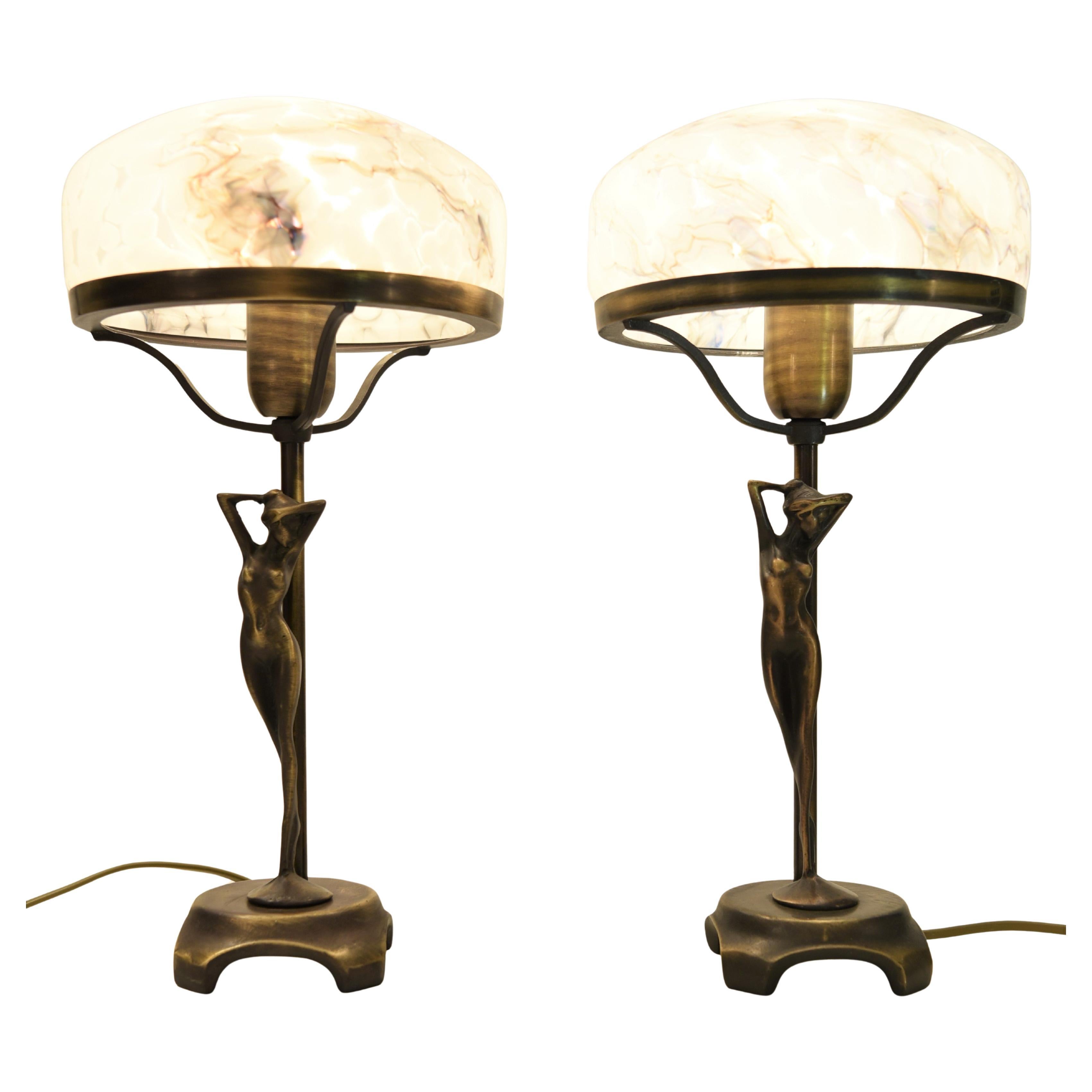 Coppia di lampade in bronzo e vetro in stile Art Nouveau svedese di Lyktan Bankeryd, anni
80