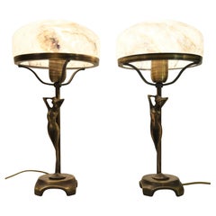 Pair Bronze and Glass Swedish Art Nouveau Style Lamps by Lyktan Bankeryd, 1980s