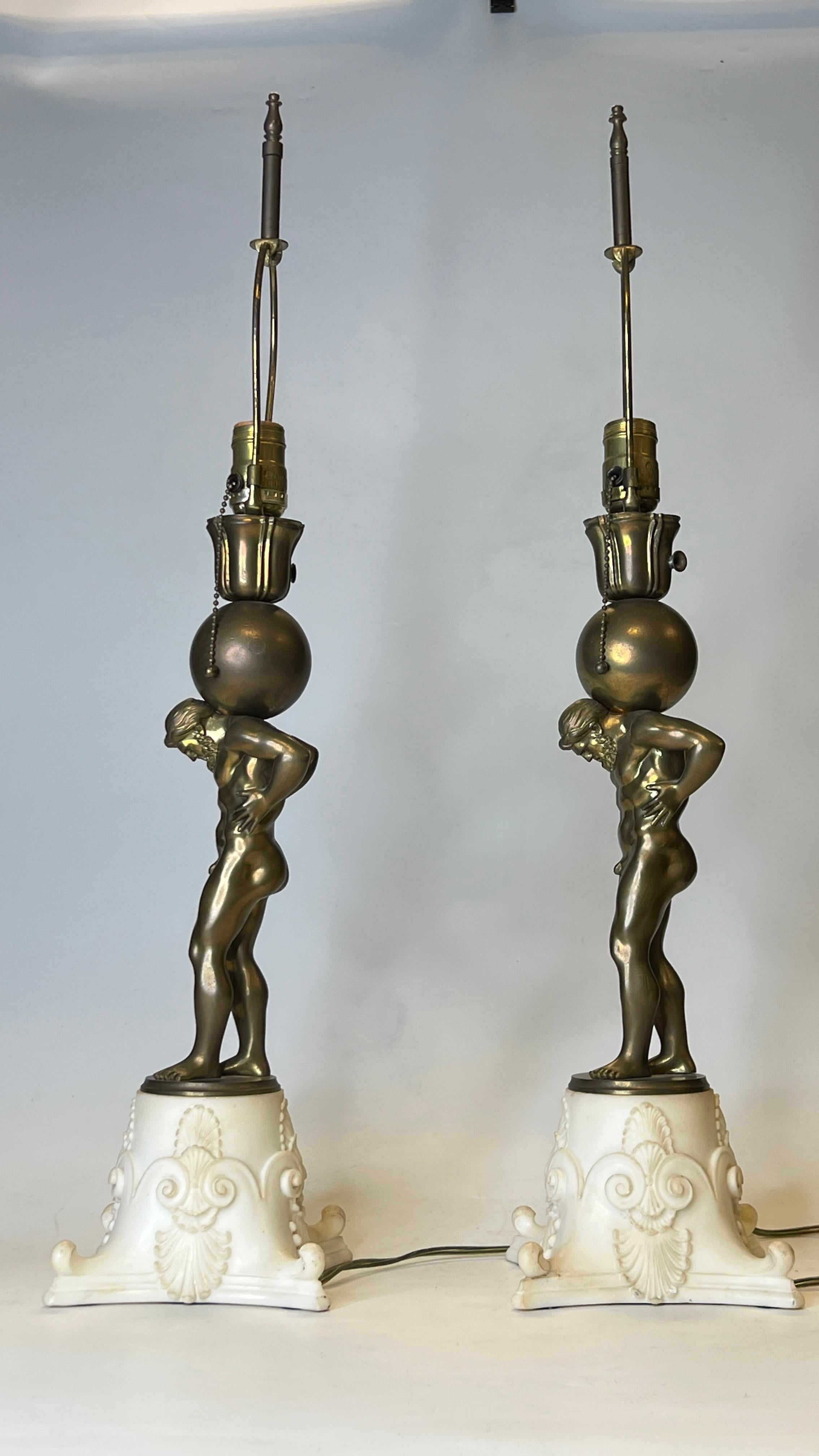 Pair Bronze and Marble Figures of Atlas Mounted as Table Lamps For Sale 9
