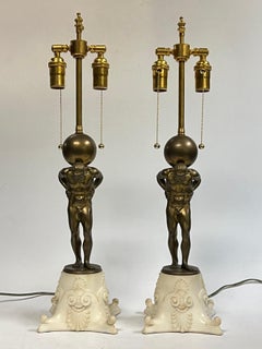 Pair Greek Atlas Figurative Bronze Lamps by Edward F. Caldwell