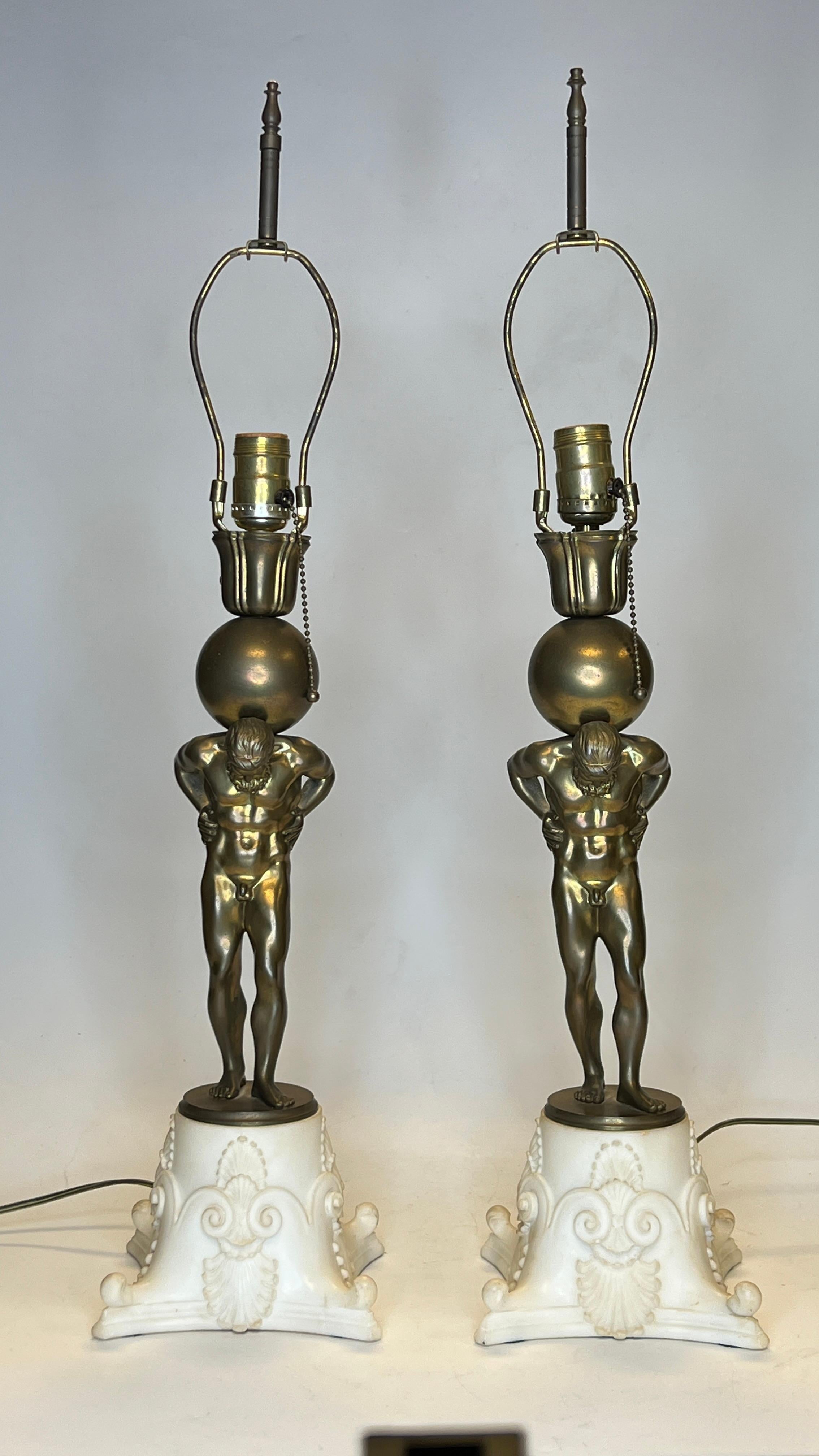 French Pair Bronze and Marble Figures of Atlas Mounted as Table Lamps For Sale