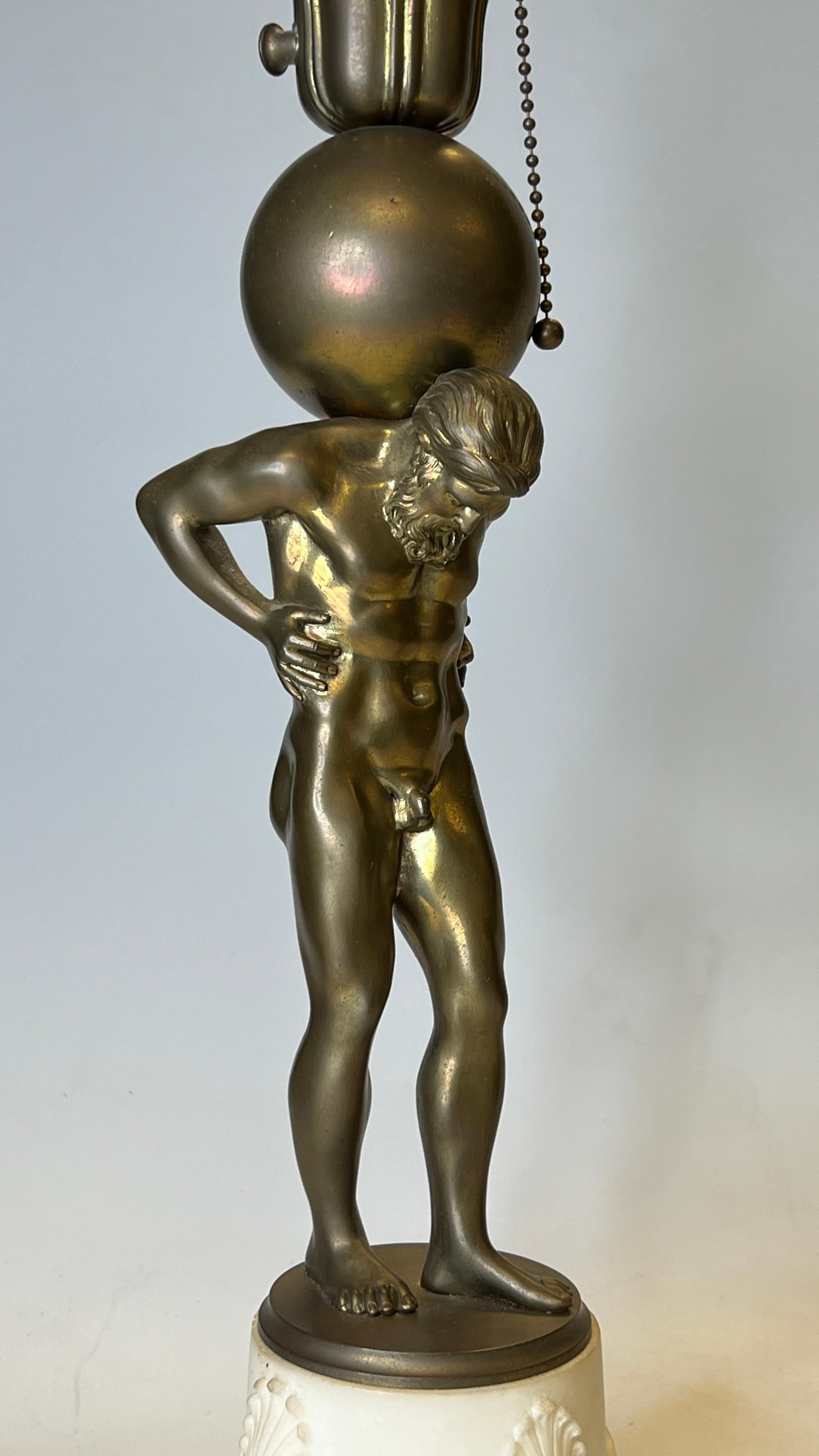 Pair Bronze and Marble Figures of Atlas Mounted as Table Lamps For Sale 2