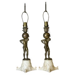 Pair Bronze and Marble Figures of Atlas Mounted as Table Lamps