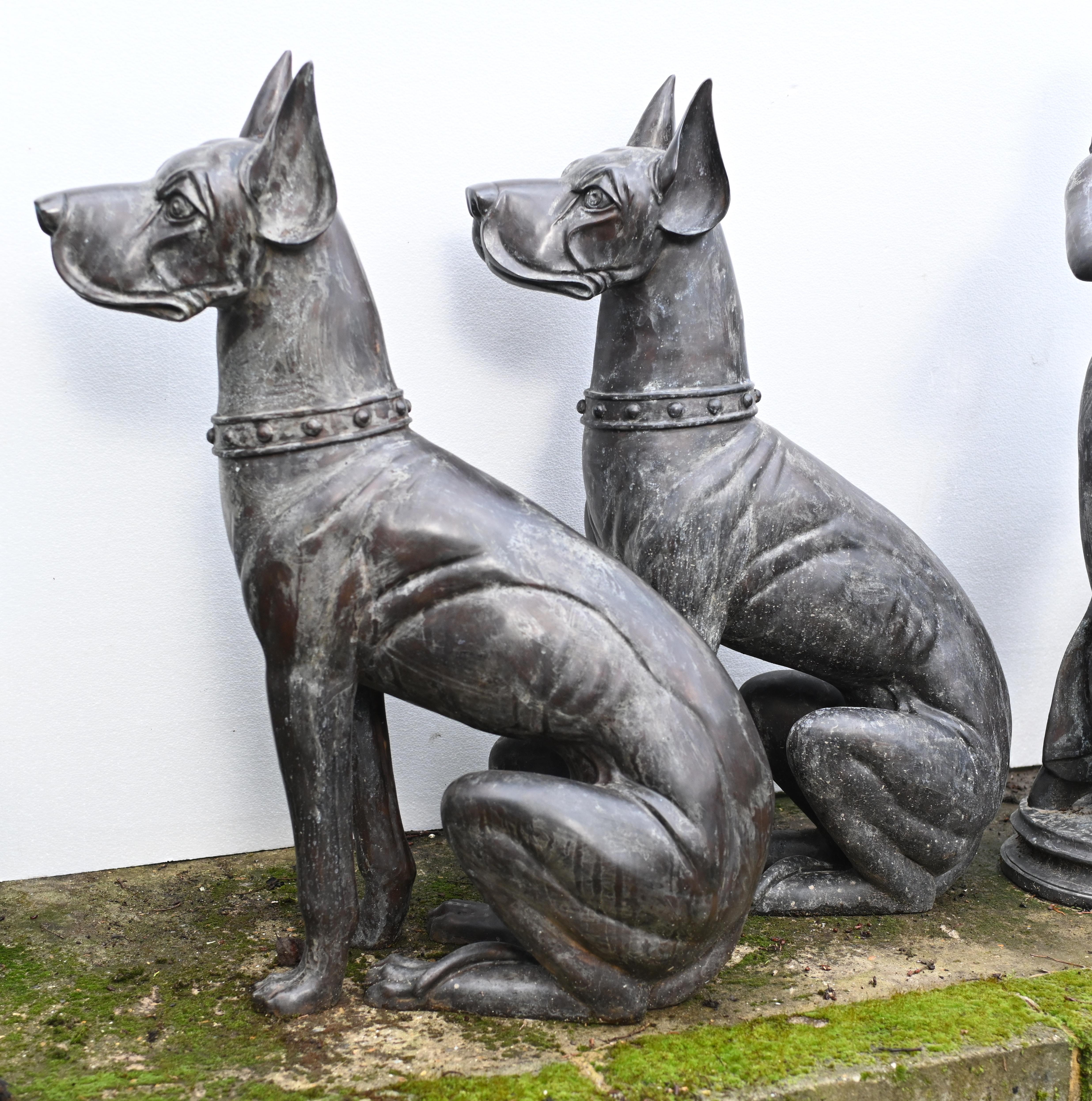 Pair Bronze Boxer Dogs Gatekeeper Garden Statues In Good Condition In Potters Bar, GB