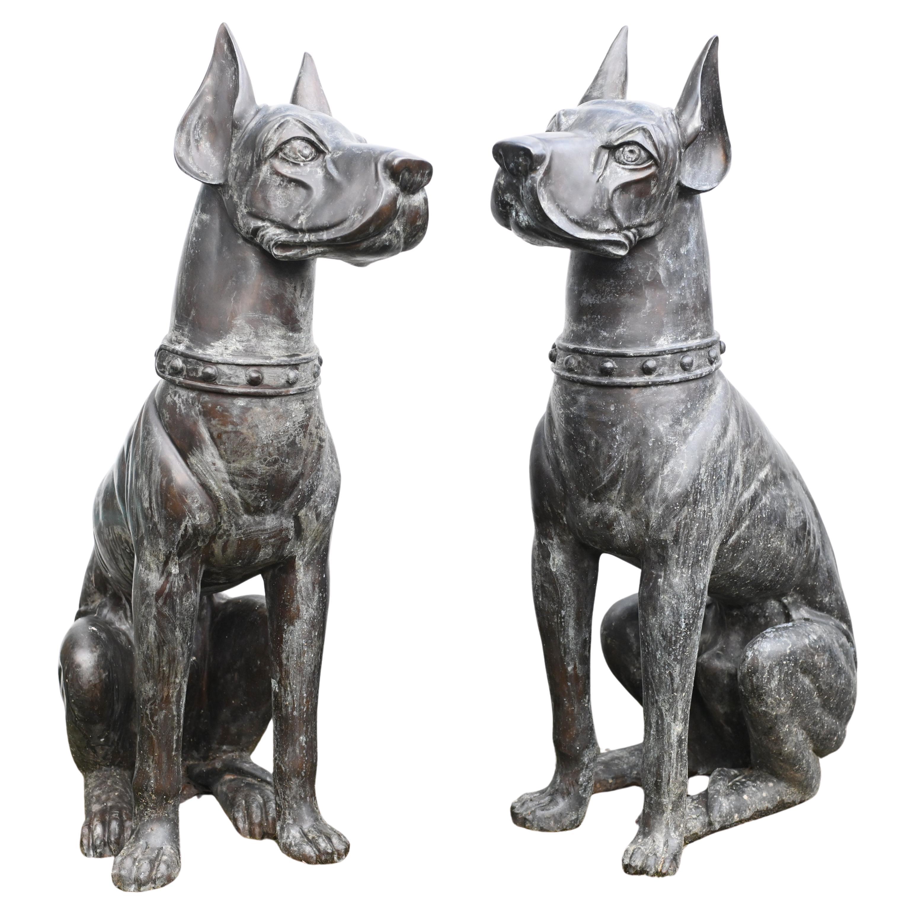 Pair Bronze Boxer Dogs Gatekeeper Garden Statues For Sale