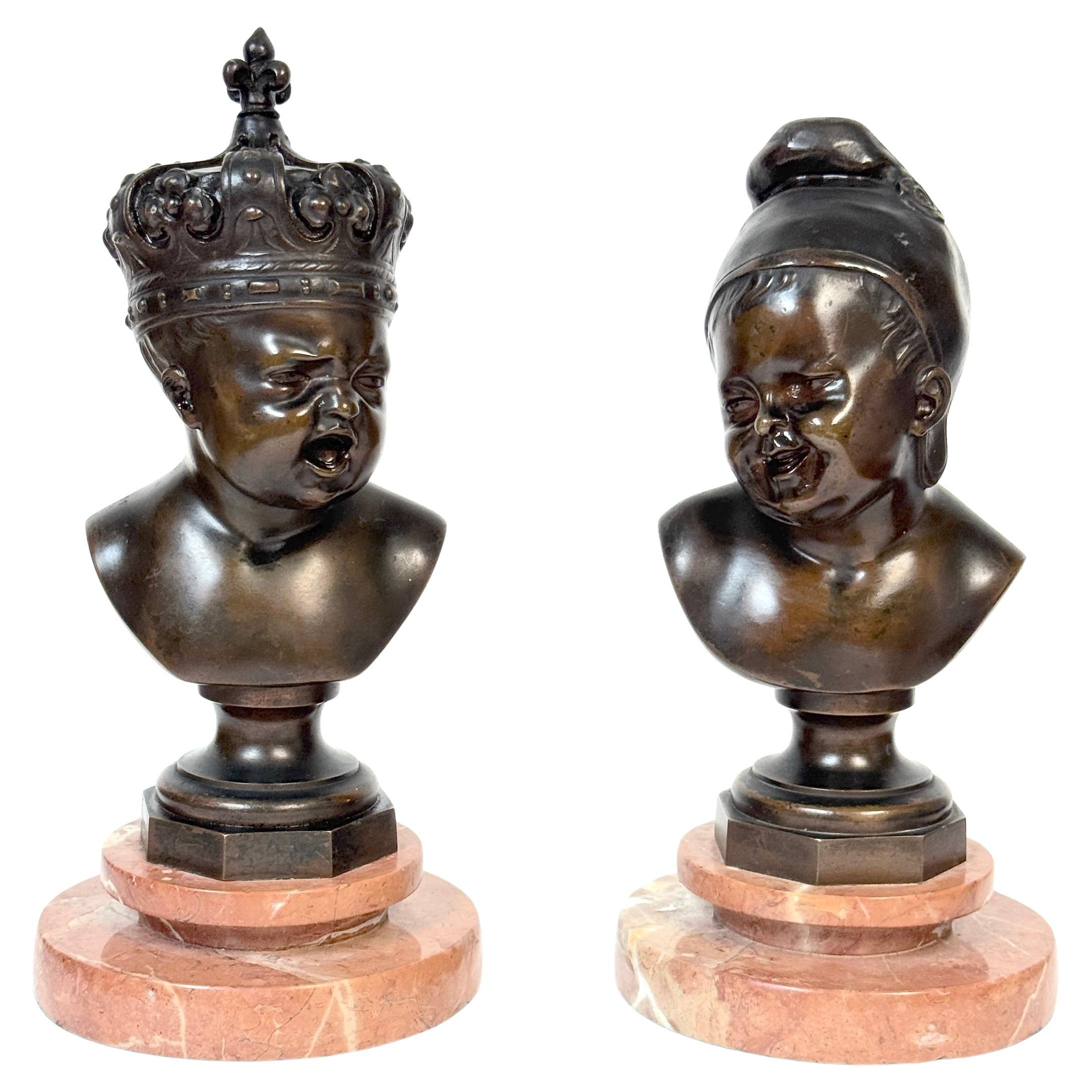 Pair Bronze Busts: "The Fallen King & Laughing Revolutionary, After Carpeaux For Sale
