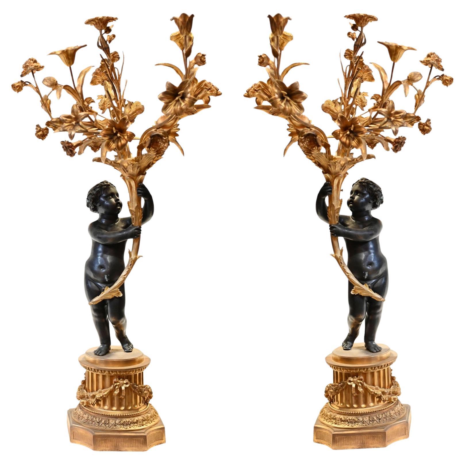 Pair Bronze Candelabras - Large French Cherub Manner Clodion