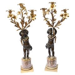 Pair Bronze Cherub Candelabras French Antique Dore Gilt 1880