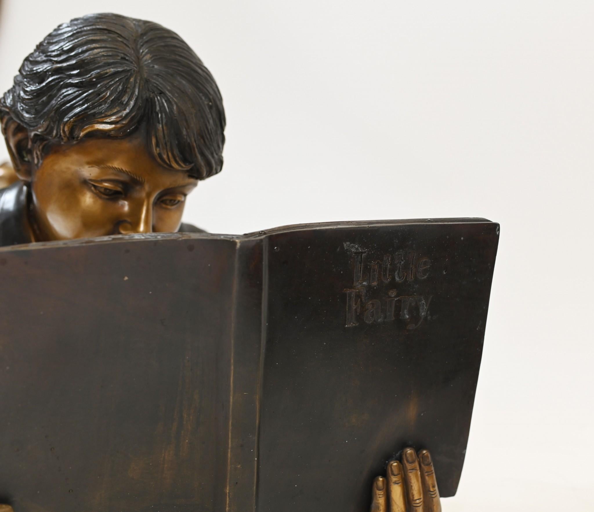 Pair Bronze Children Reading Statues Lifesize 1