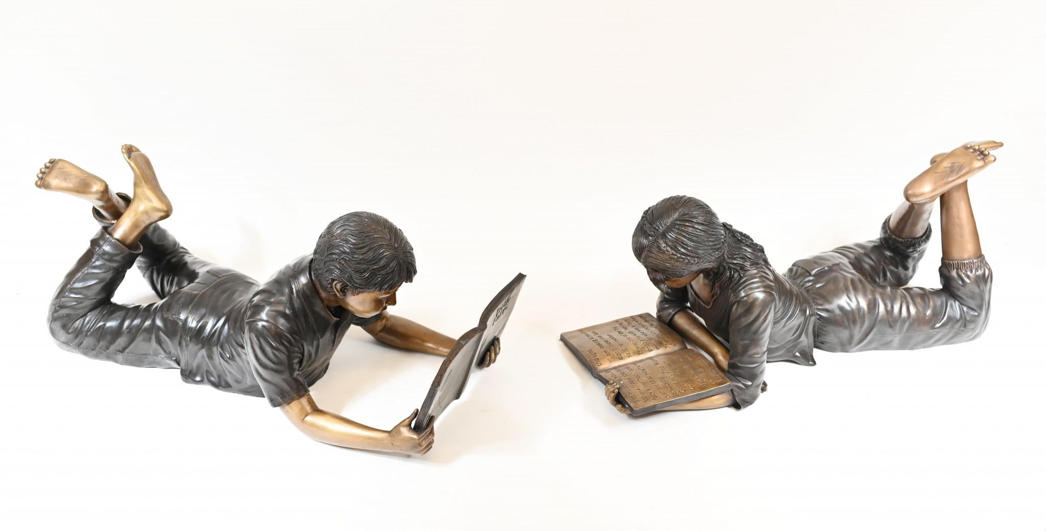 Pair Bronze Children Reading Statues Lifesize 3