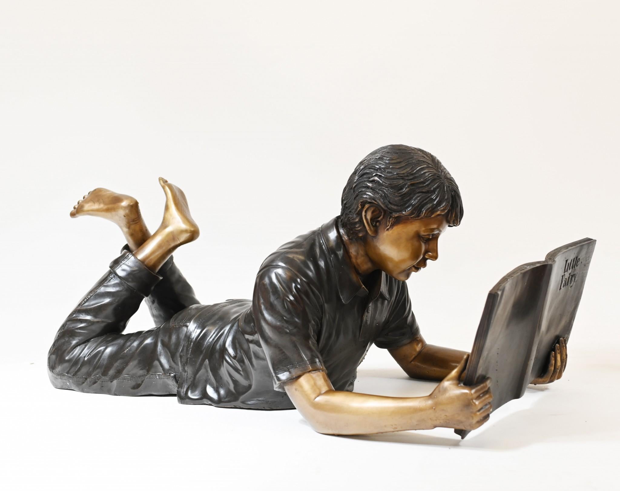 Pair Bronze Children Reading Statues Lifesize 4