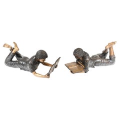 Pair Bronze Children Reading Statues Lifesize