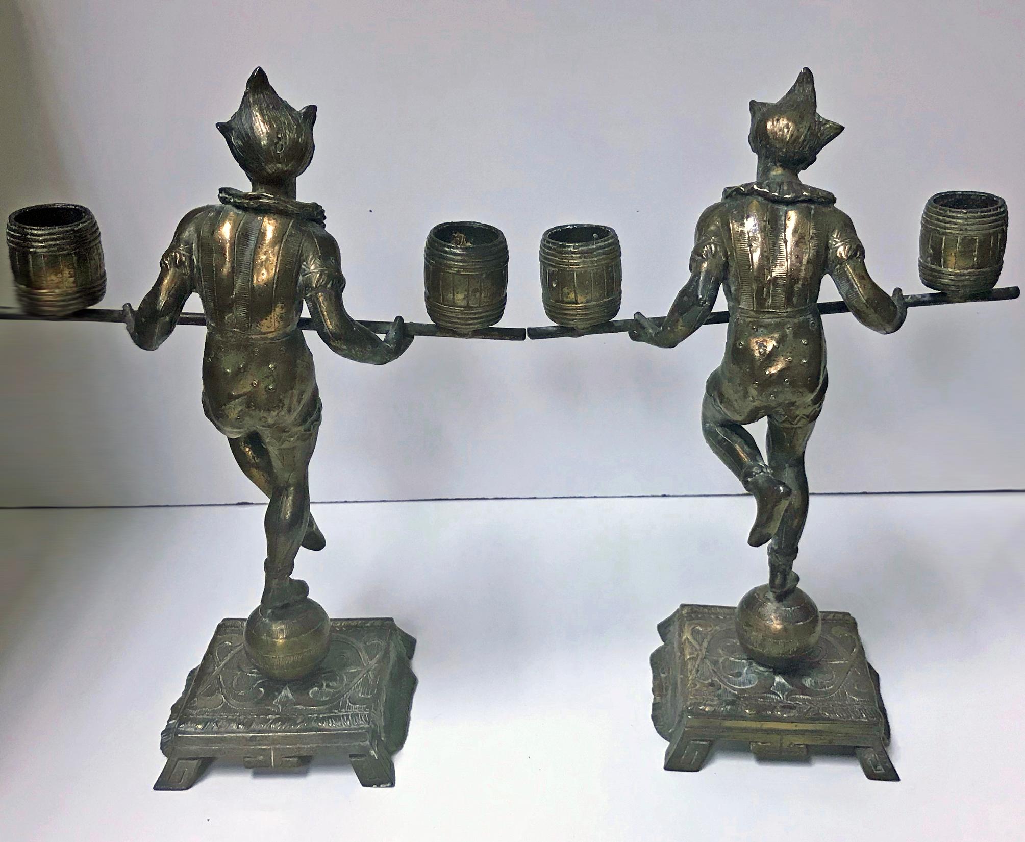 19th Century Pair of Bronze Clown Candlesticks Sculptures Probably, French, circa 1890