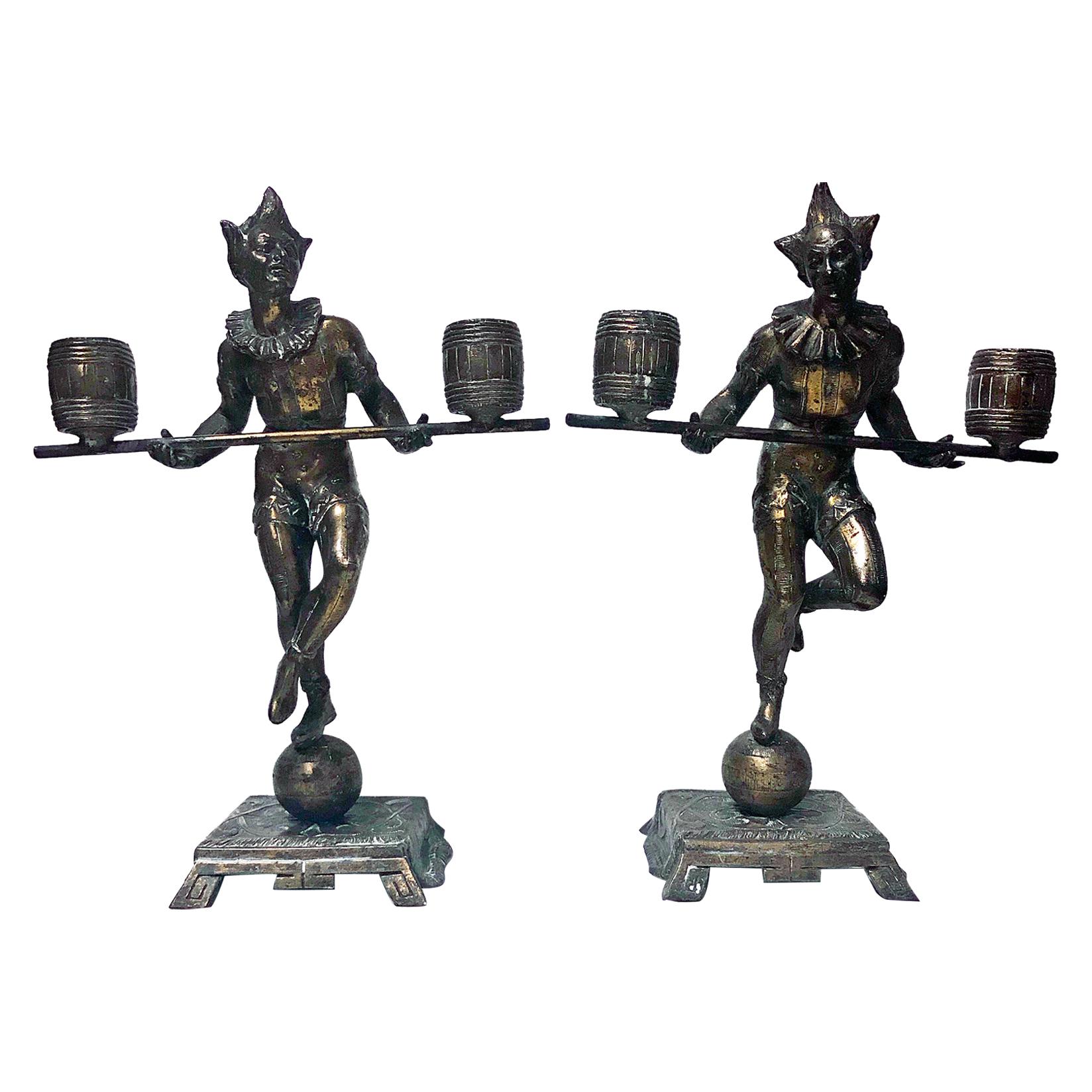Pair of Bronze Clown Candlesticks Sculptures Probably, French, circa 1890