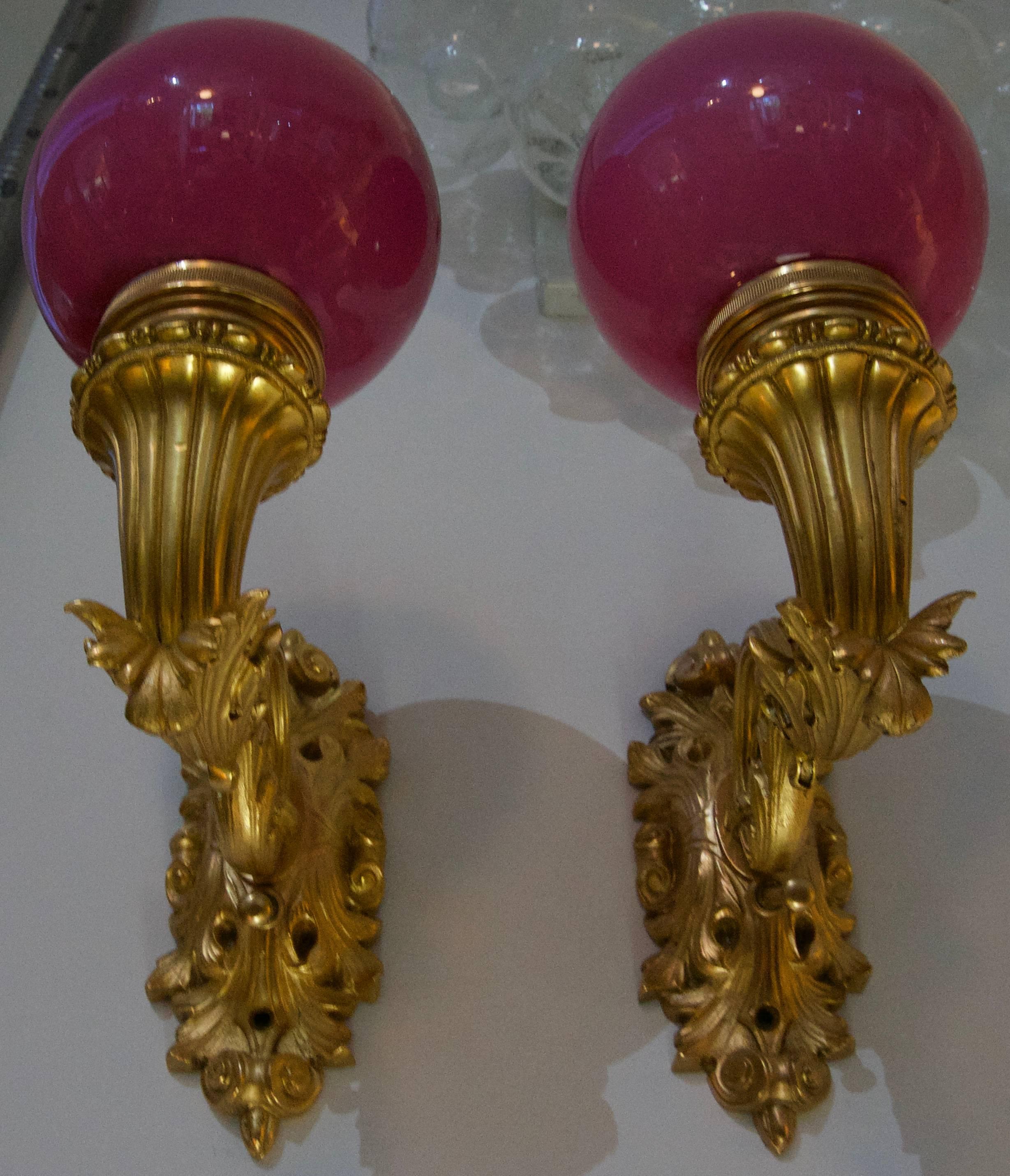 Belle Époque Pair Bronze Dore Sconces with Pink Globes