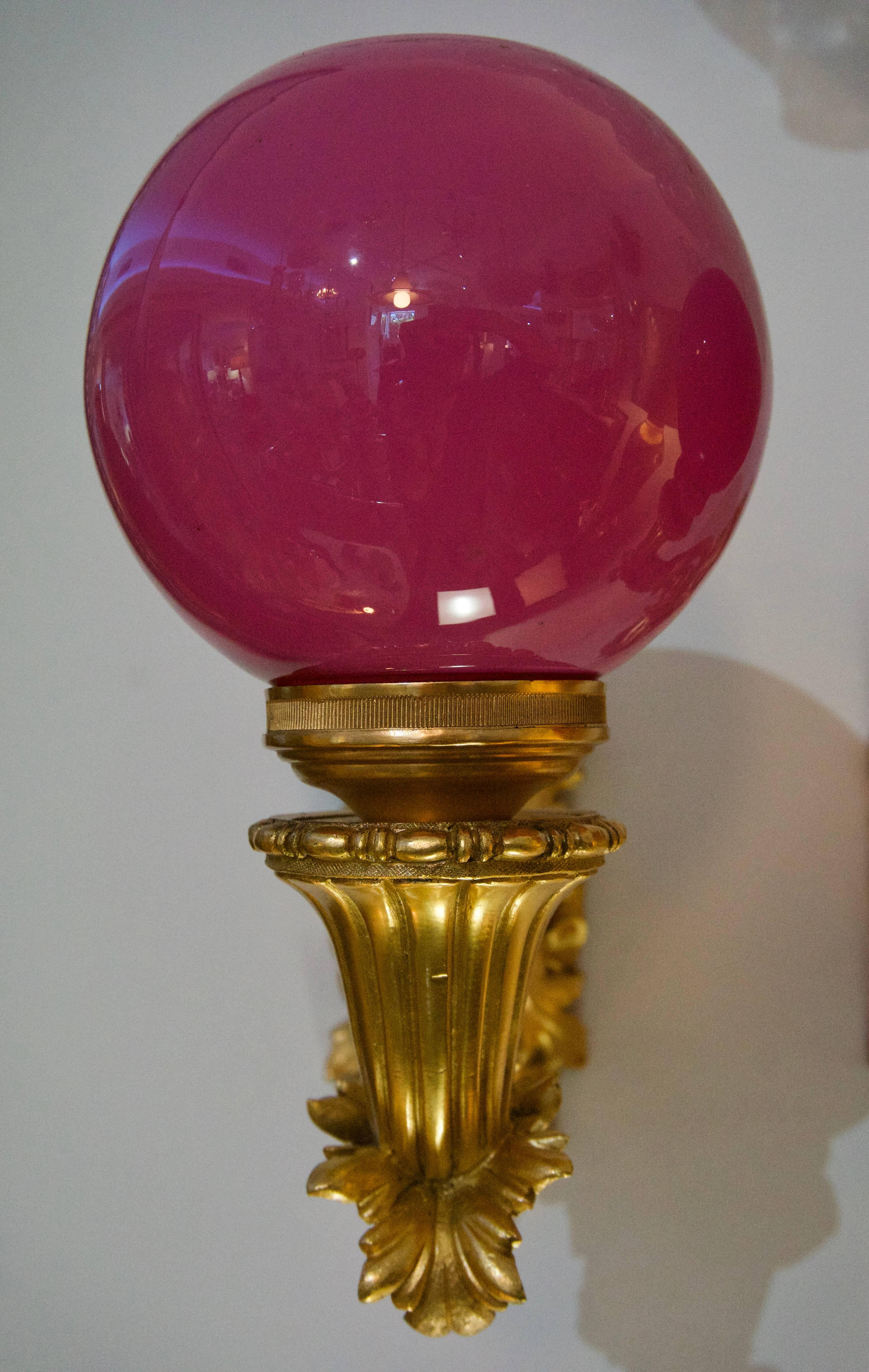 French Pair Bronze Dore Sconces with Pink Globes