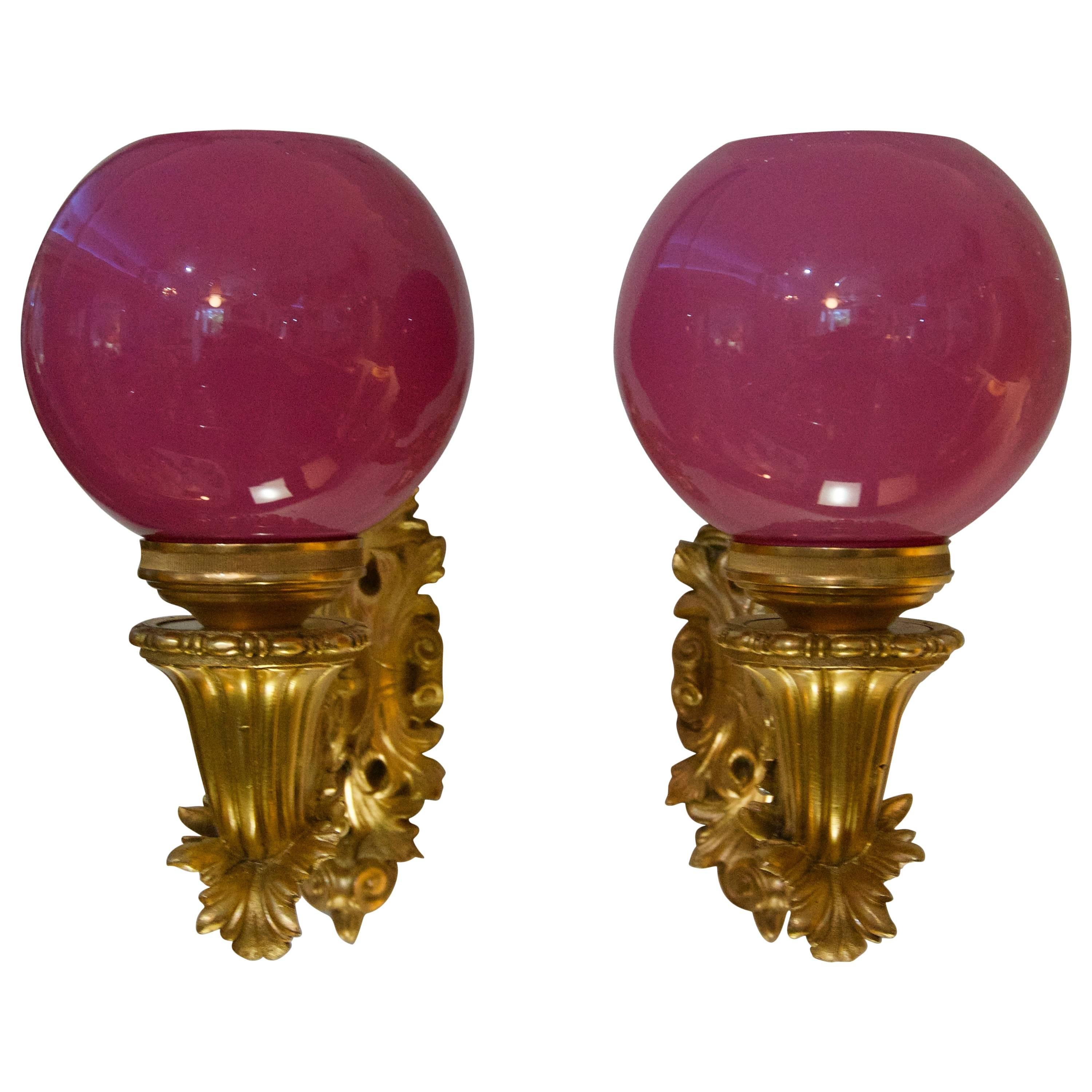 Pair Bronze Dore Sconces with Pink Globes
