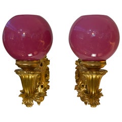 Vintage Pair Bronze Dore Sconces with Pink Globes