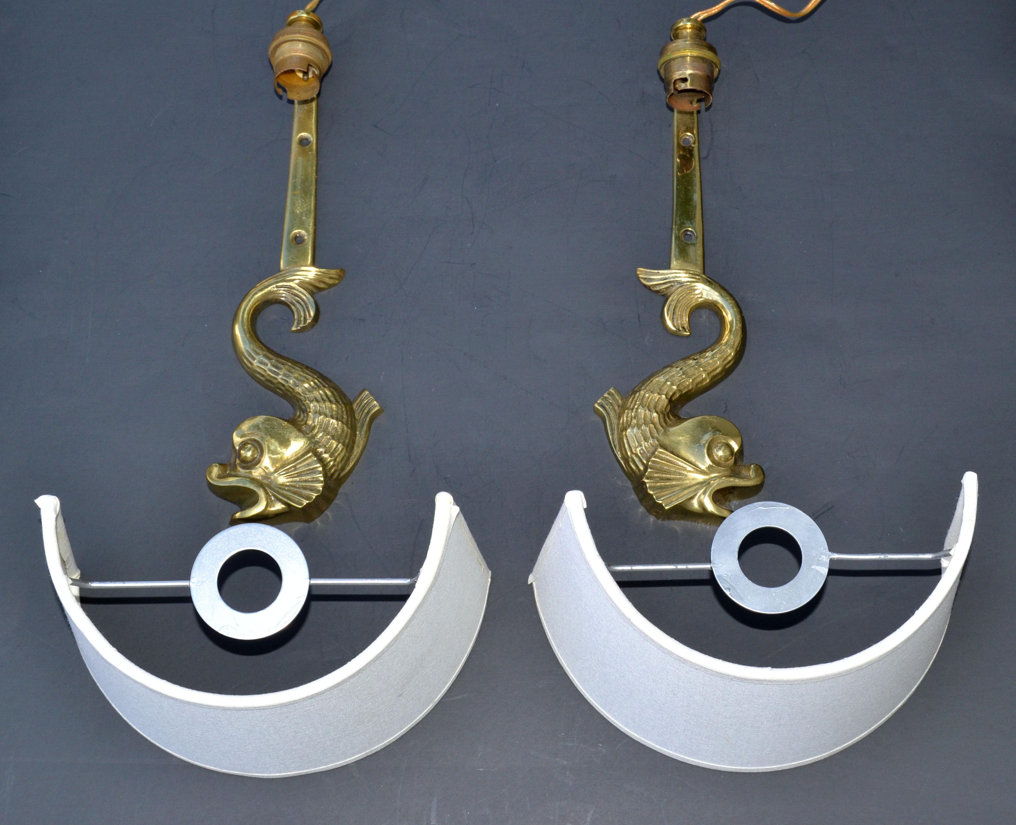 French Pair, Bronze E. Guillemard Style Dolphin Sconces Wall Lamp France Animal Lights For Sale