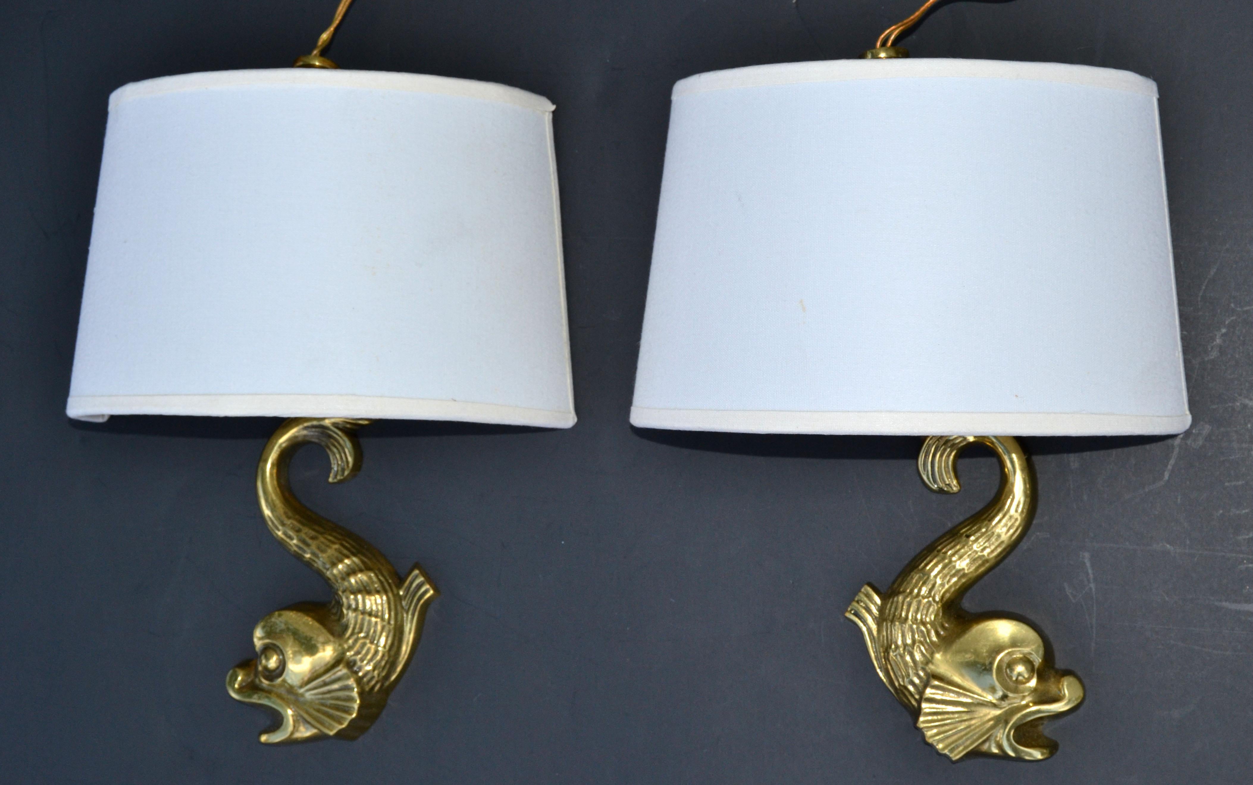 Hand-Crafted Pair, Bronze E. Guillemard Style Dolphin Sconces Wall Lamp France Animal Lights For Sale