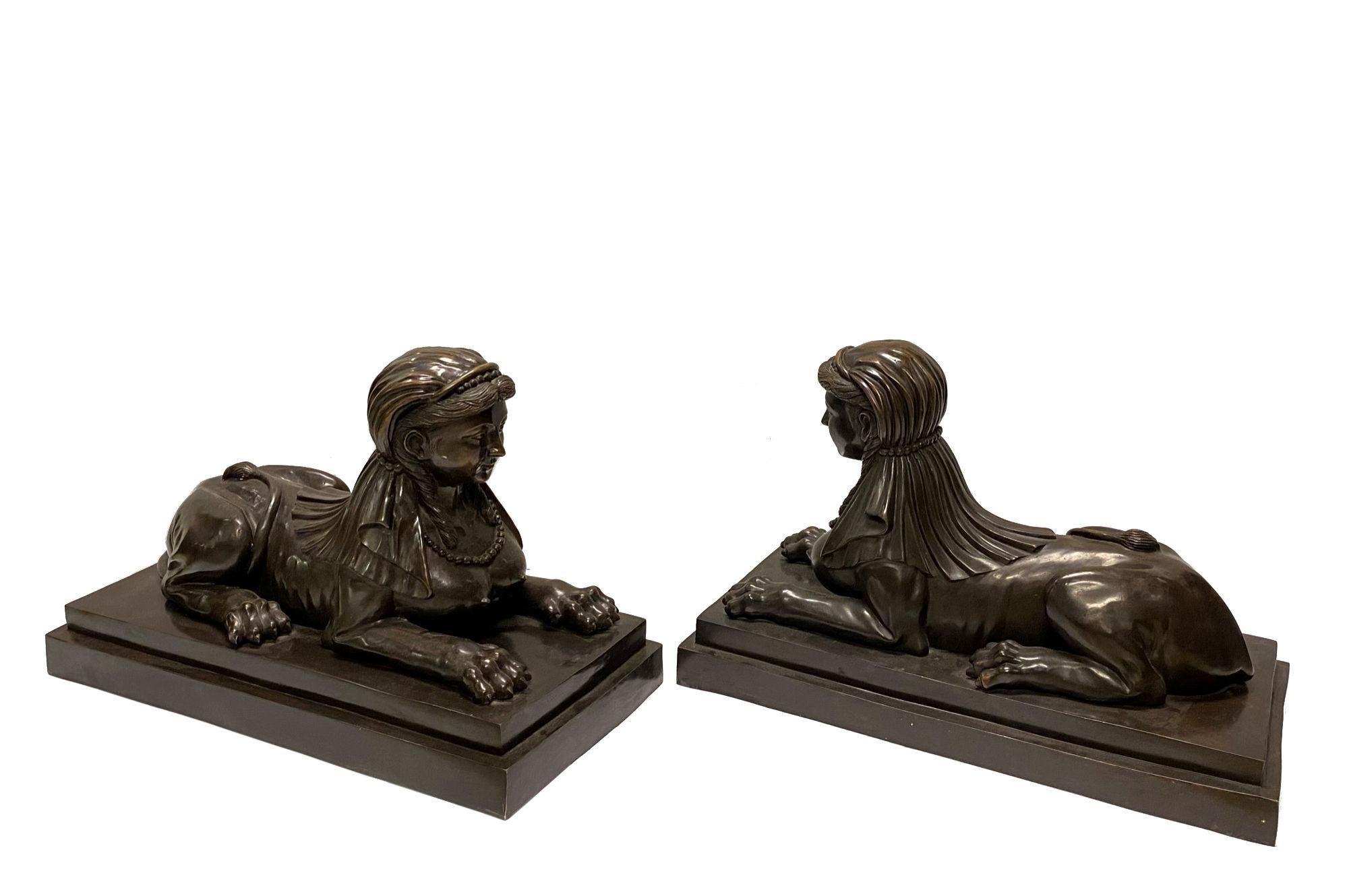 Egyptian Revival Pair of Bronze Egyptian Sphinx Sculptures