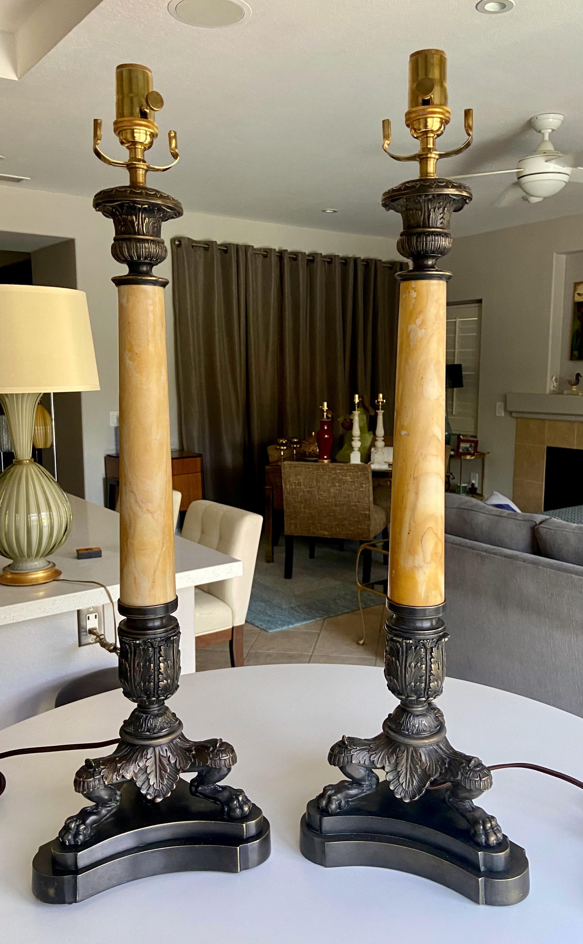 Pair Bronze Empire Lion Paw Alabaster Table Lamps For Sale 12
