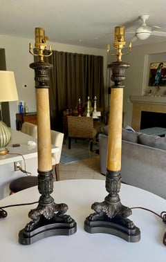 Pair Bronze Empire Lion Paw Alabaster Table Lamps