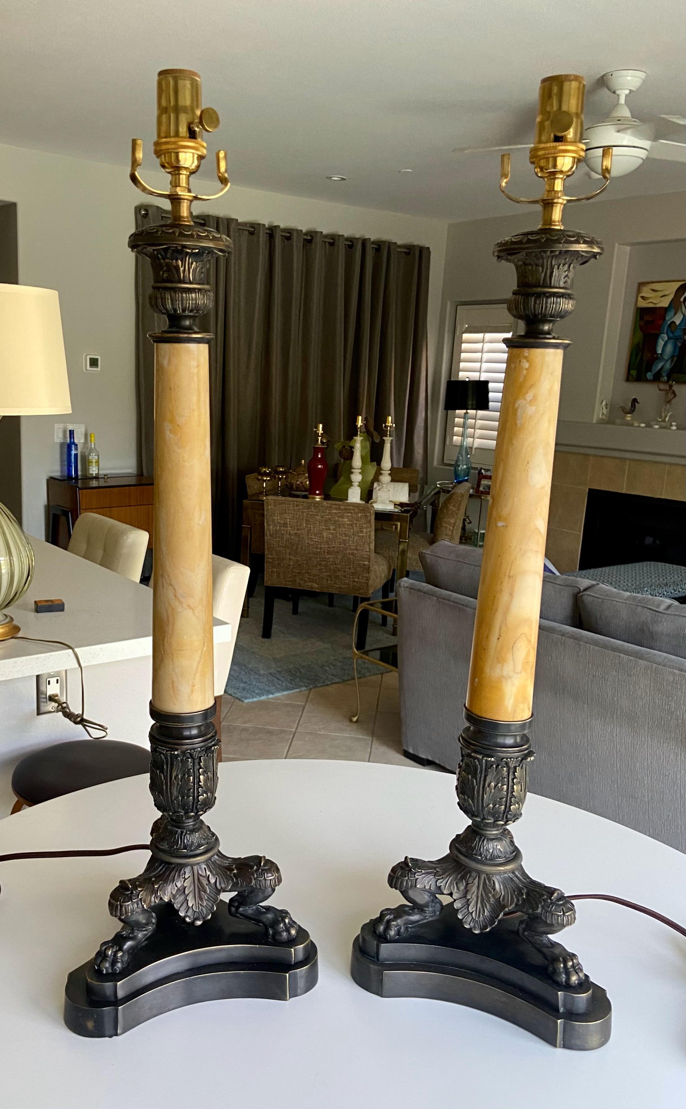 Brass Pair Bronze Empire Lion Paw Alabaster Table Lamps For Sale