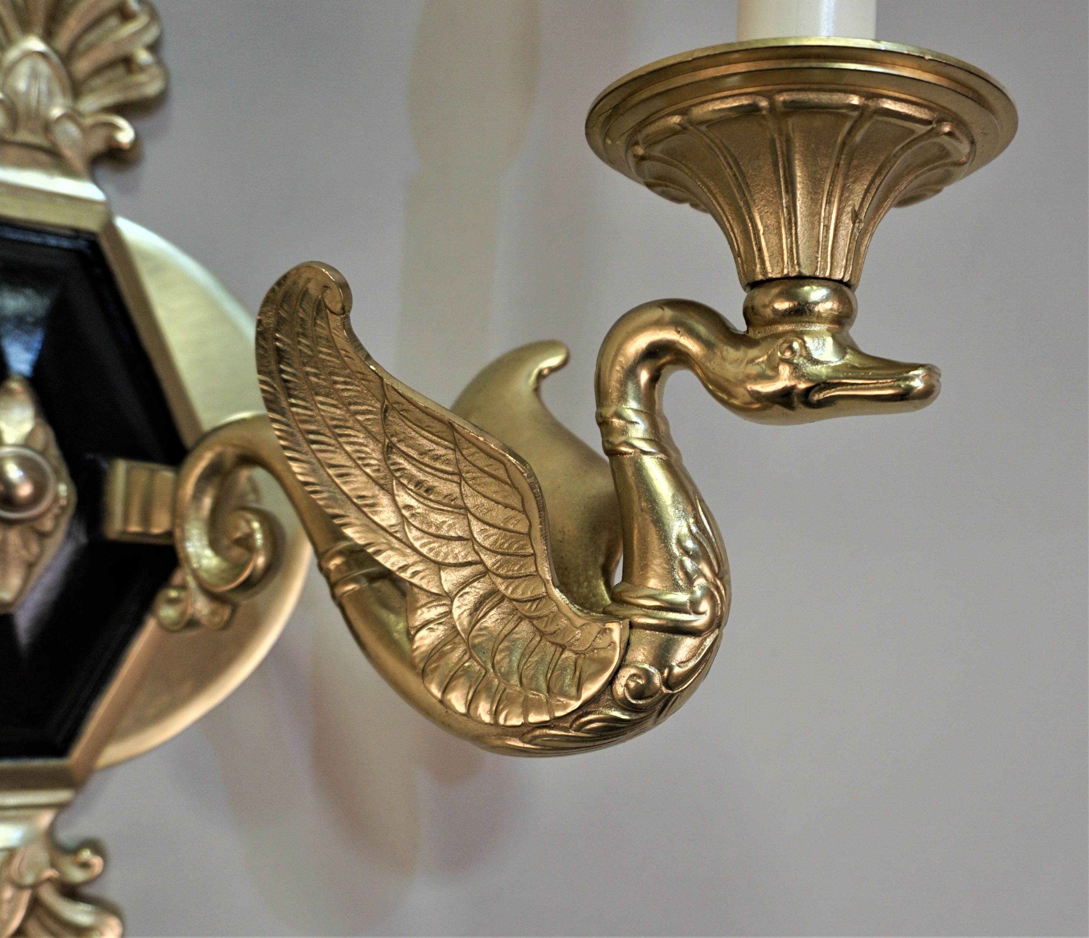 French Pair of Bronze Empire Style Swan Arm Wall Sconces