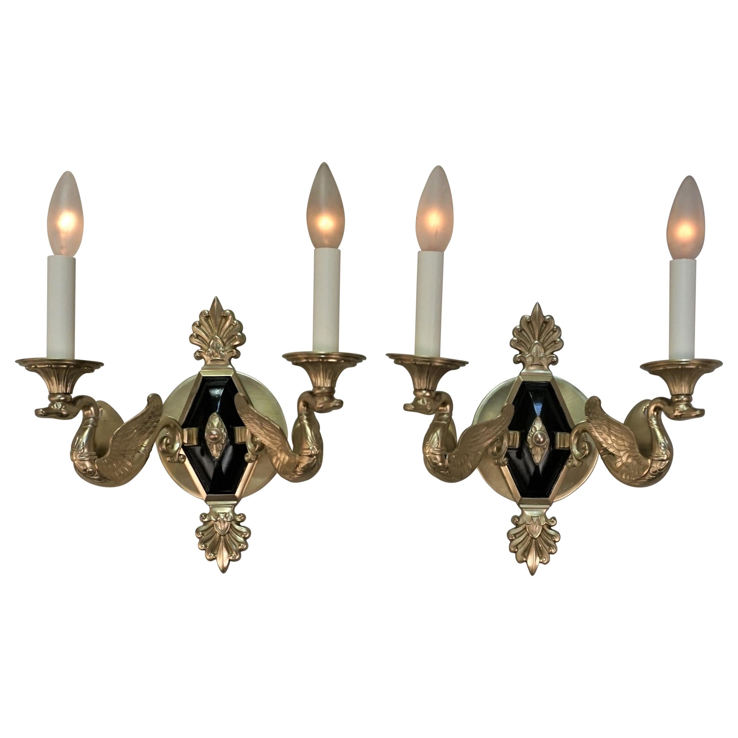 Pair of Bronze Empire Style Swan Arm Wall Sconces