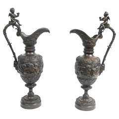 Pair Bronze Ewer Cherub Vases Antique 1860 Bacchus