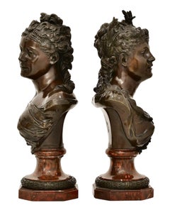 Pair Bronze Female Bust Sculptures After Pierre Louis Detrier (1822-1897)