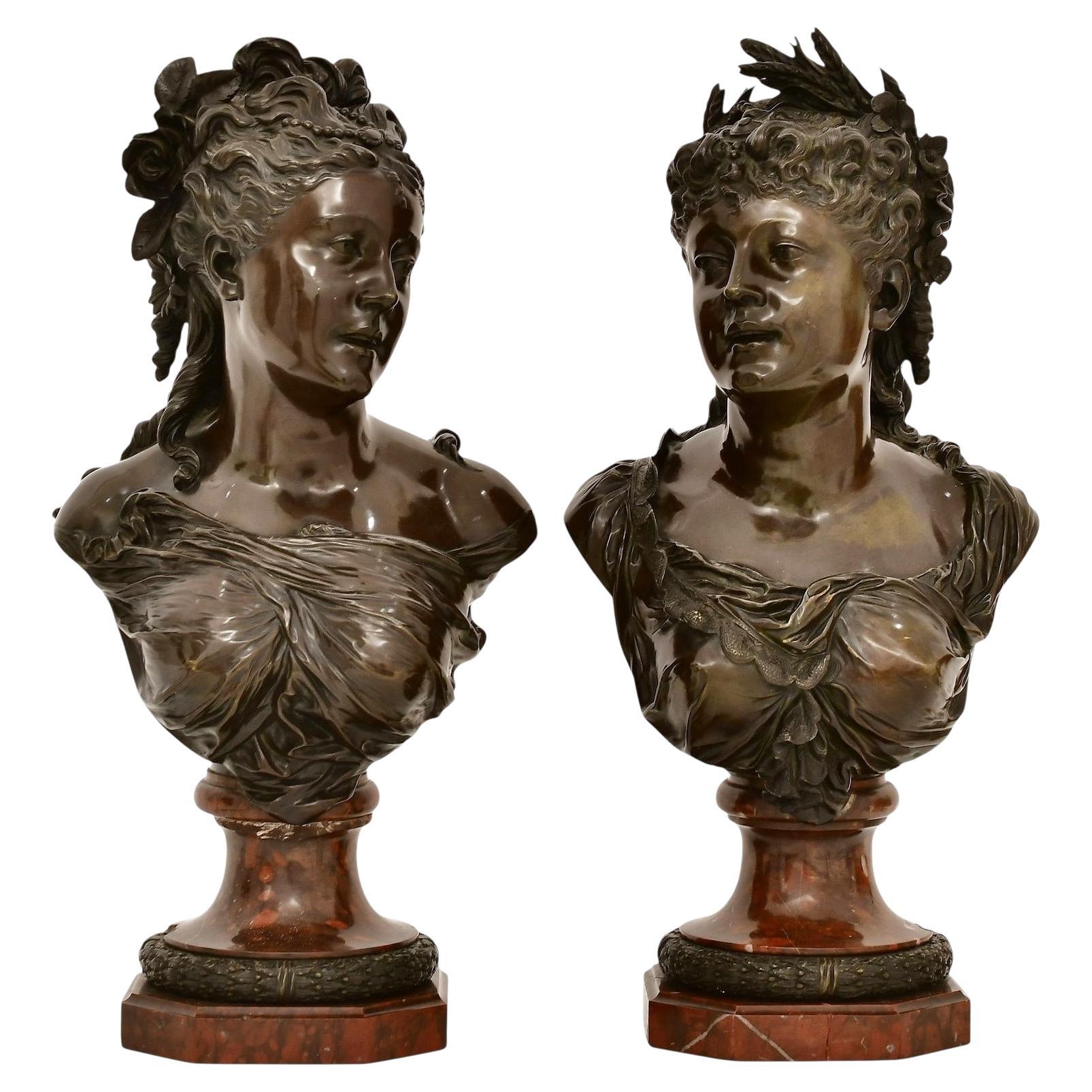 Paire de sculptures en bronze de bustes féminins d'après Pierre-Louis Detrier (1822-1897) en vente