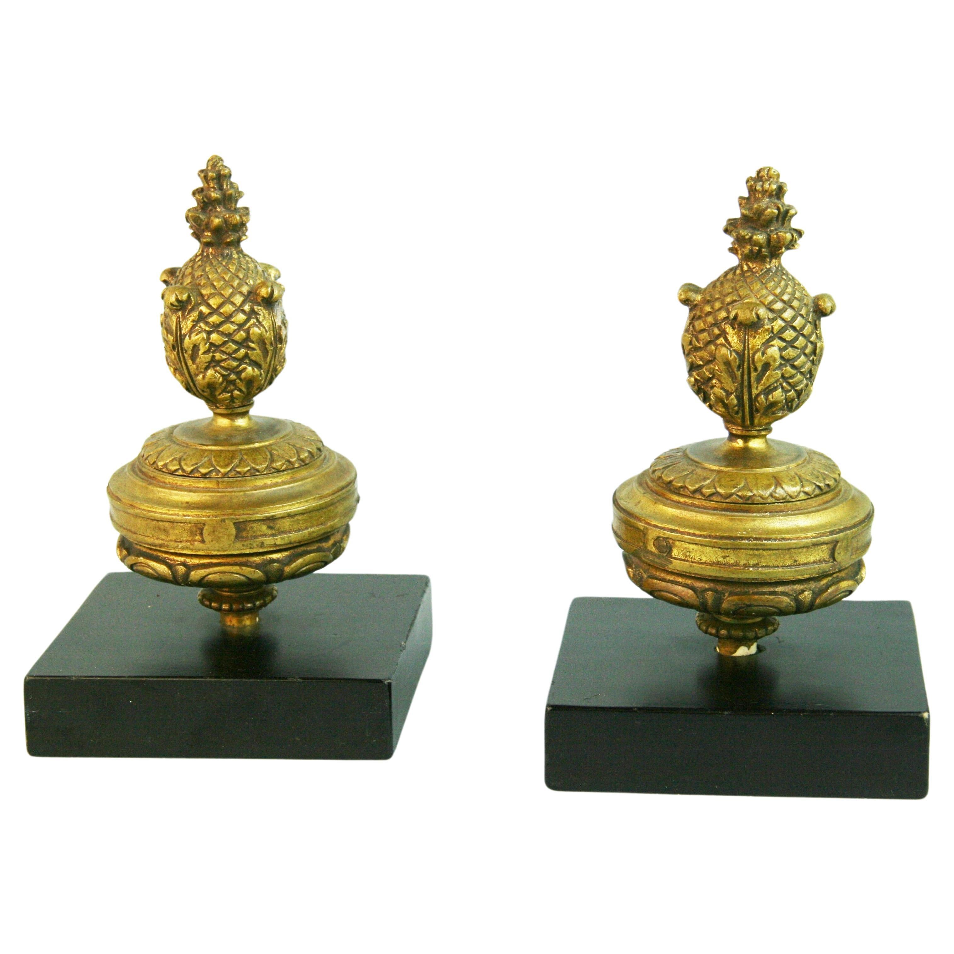 Pair Bronze Finial Bookends Set on Wood Block For Sale