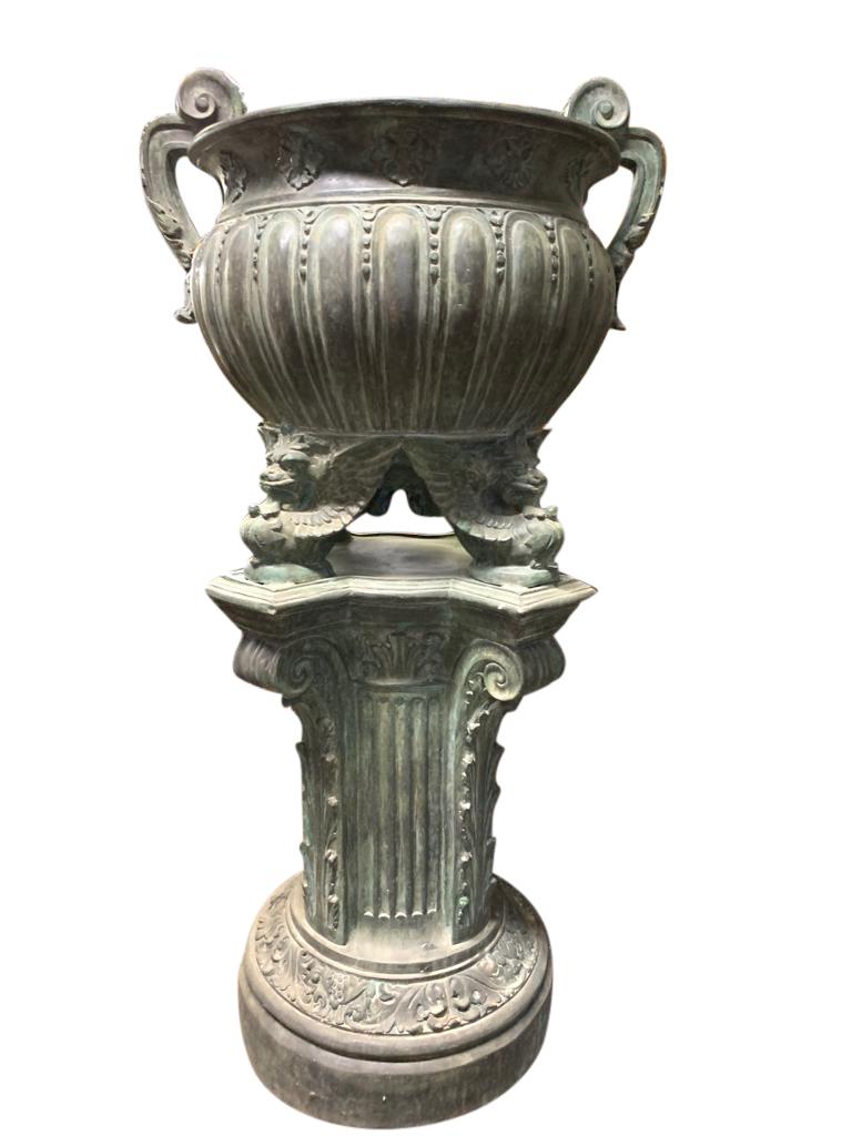 European Pair of Bronze Garden Urns, French Architectural Empire Vases, 20th Century For Sale