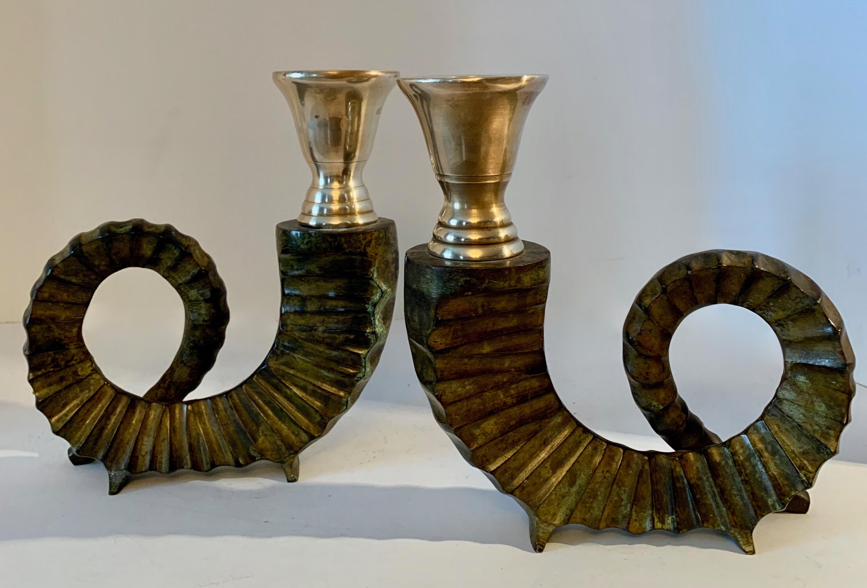 Italian Pair Bronze Horn and Brass Candlesticks