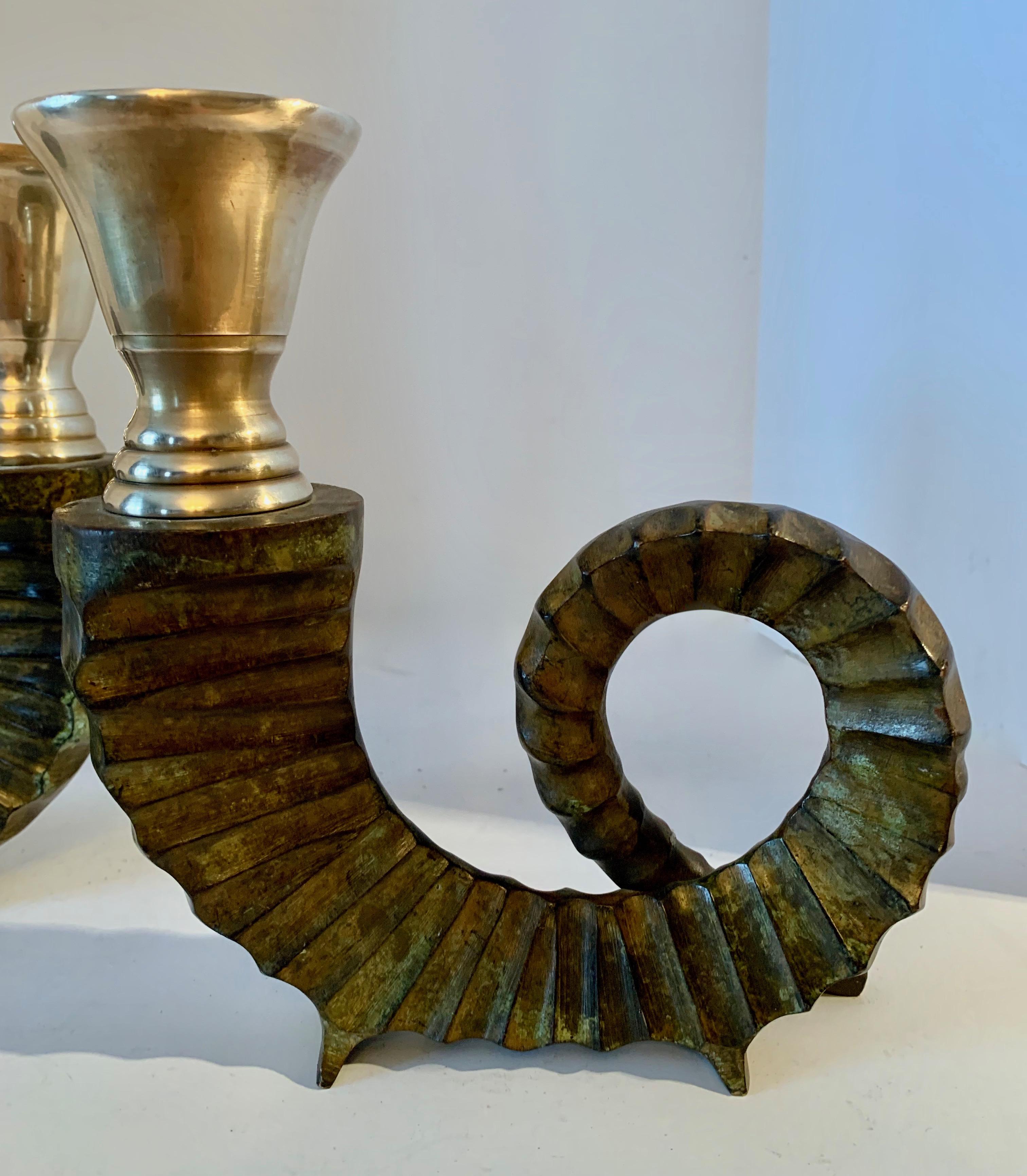 Pair Bronze Horn and Brass Candlesticks In Good Condition In Los Angeles, CA