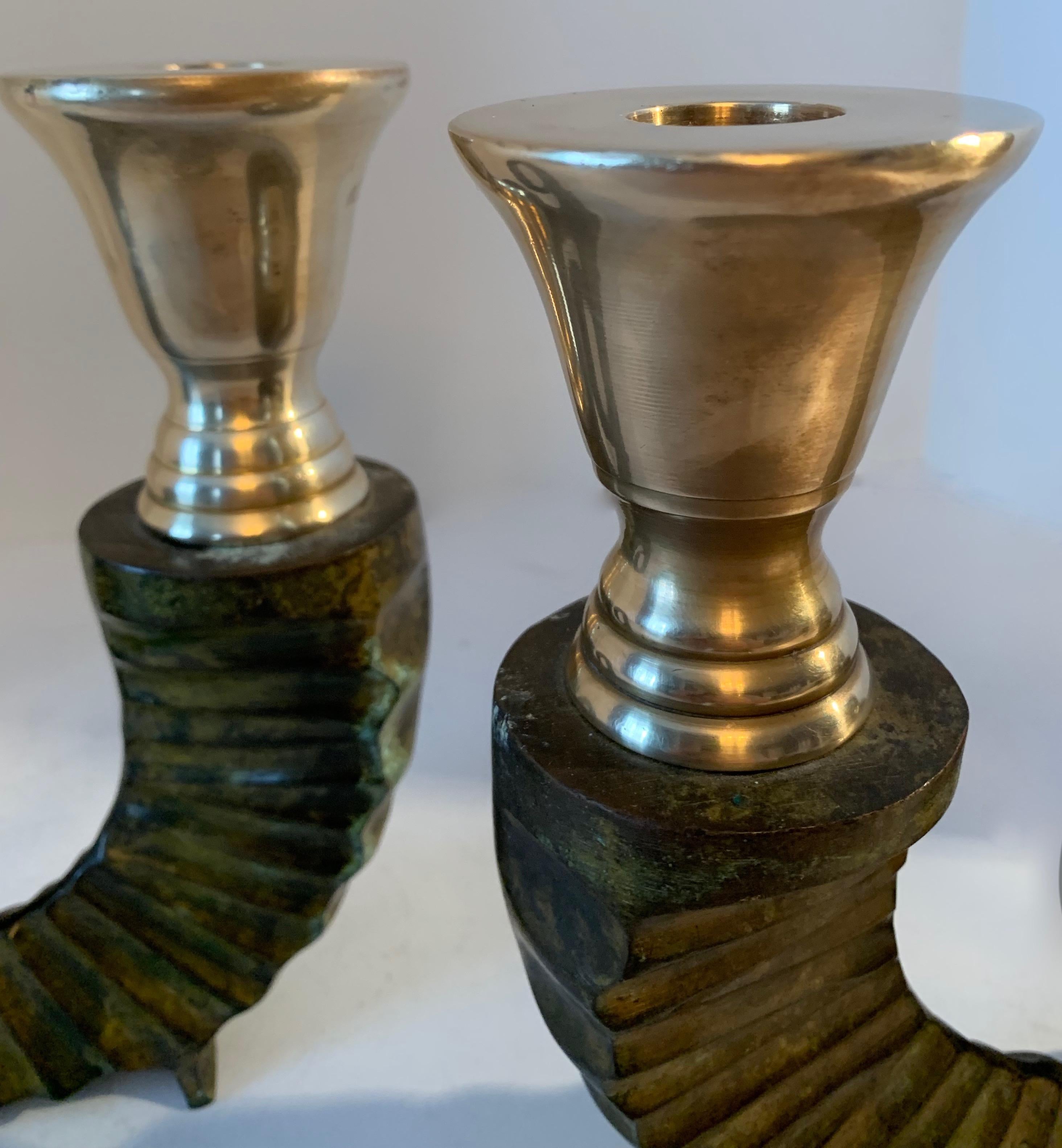 20th Century Pair Bronze Horn and Brass Candlesticks
