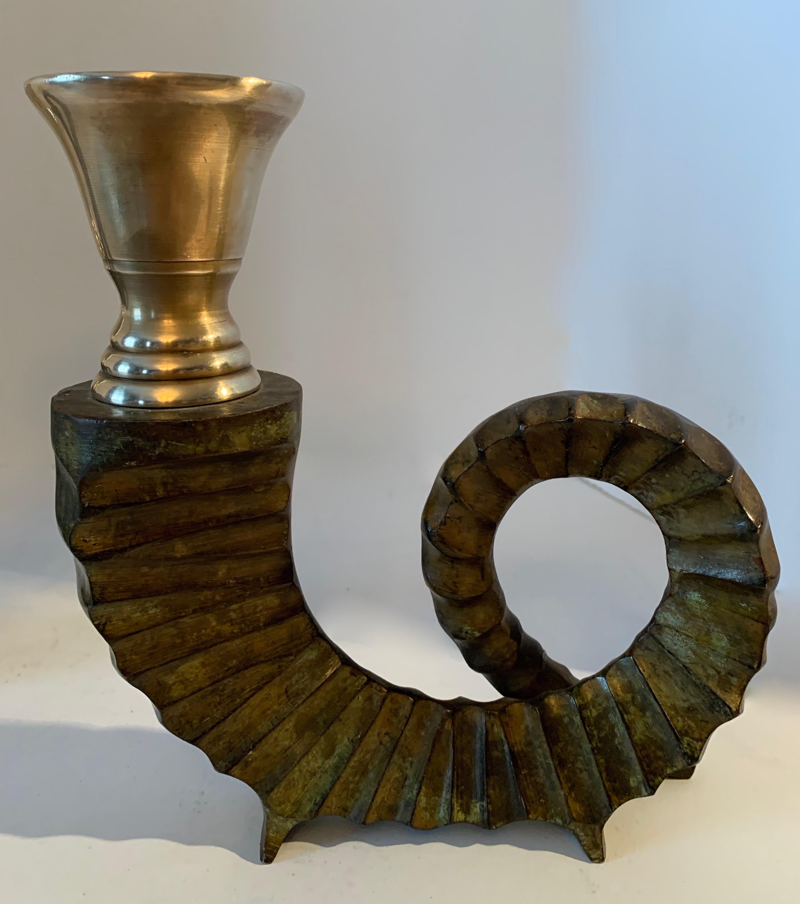 Pair Bronze Horn and Brass Candlesticks 1