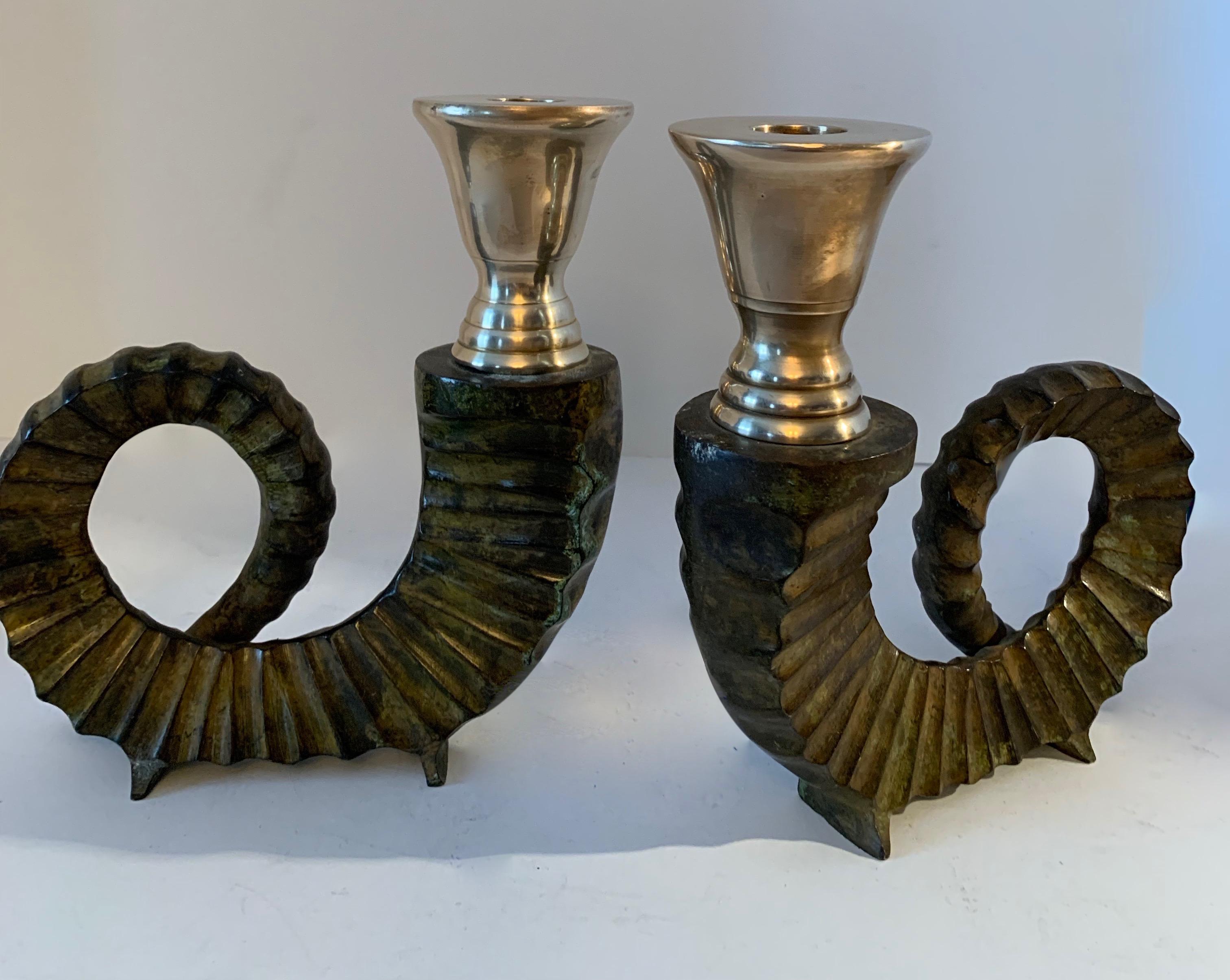 Pair Bronze Horn and Brass Candlesticks 2