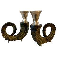 Pair Bronze Horn and Brass Candlesticks