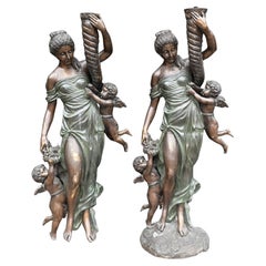 Retro Pair Bronze Italian Maidens Demeter Cherub Statue Classical Garden